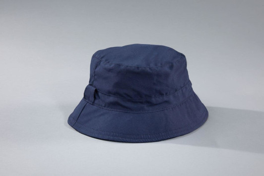 A navy bucket hat with a wide brim. The hat features a logo on its side.